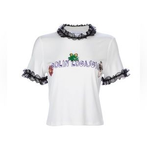 NWOT Colin Locascio Tannie T Shirt White Short Sleeve Black Lace Detail Shirt